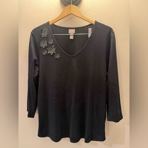 Chicos Black V-Neck 3/4 Sleeve‎ Top with 3D Floral Applique Size 2 L Large